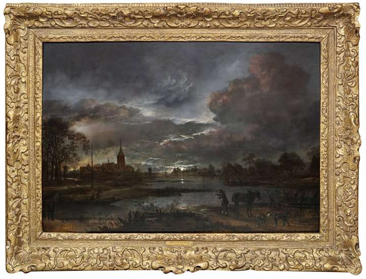 Wide river landscape by moonlight with figures fishing and a village beyond